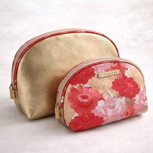 NWT Tahari 2pc Cosmetic Bag Set Dome Makeup Toiletry Gold Red Floral + Bottle